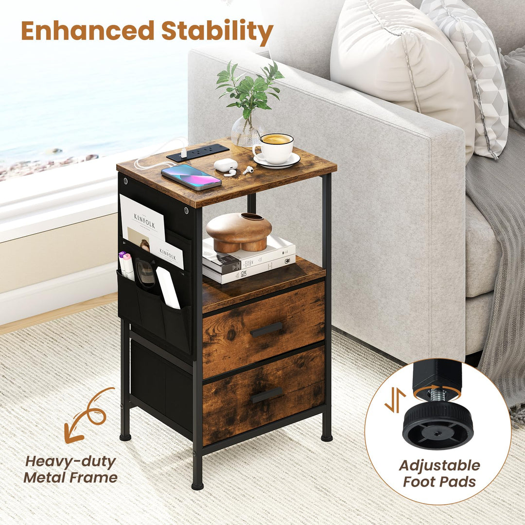 Giantex Night Stand with Charging Station | LED Sofa End Table w/2 Folding Fabric Drawers
