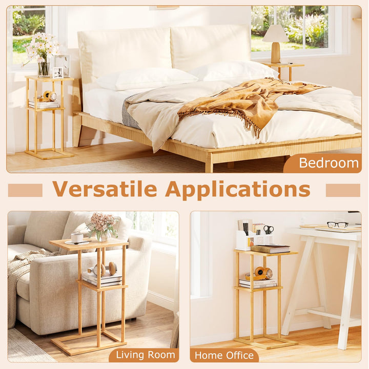 Giantex Side Table Set of 2 with Storage Shelves and Bamboo Construction