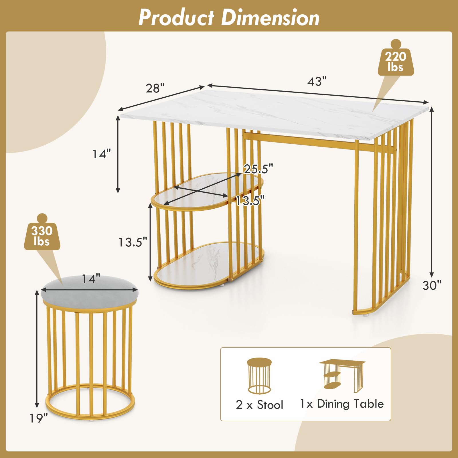 Giantex 3-Piece Dining Table Set for 2, Rectangular Kitchen Table with 2 Stools, 2-Tier Storage Shelf