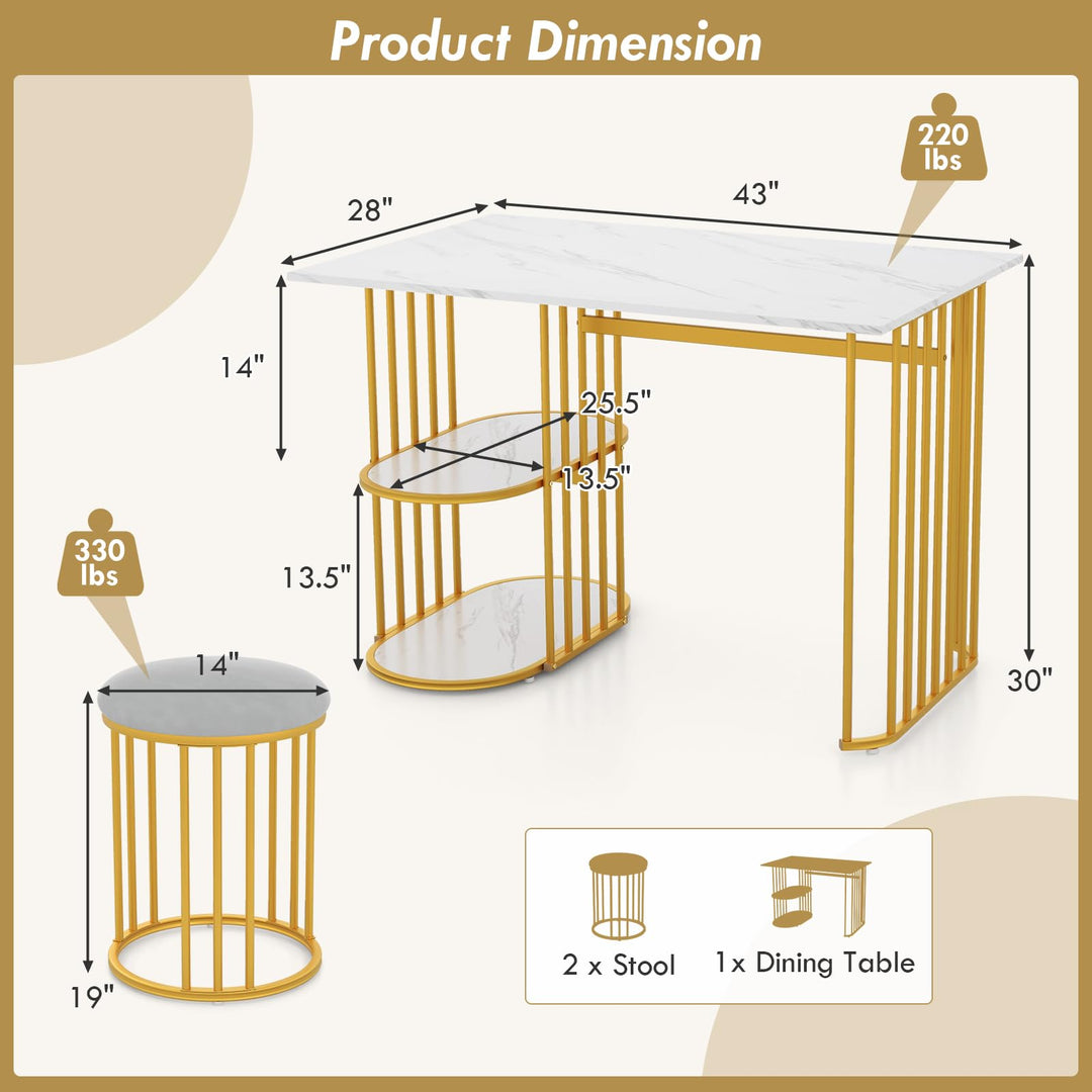 Giantex 3-Piece Dining Table Set for 2, Rectangular Kitchen Table with 2 Stools, 2-Tier Storage Shelf