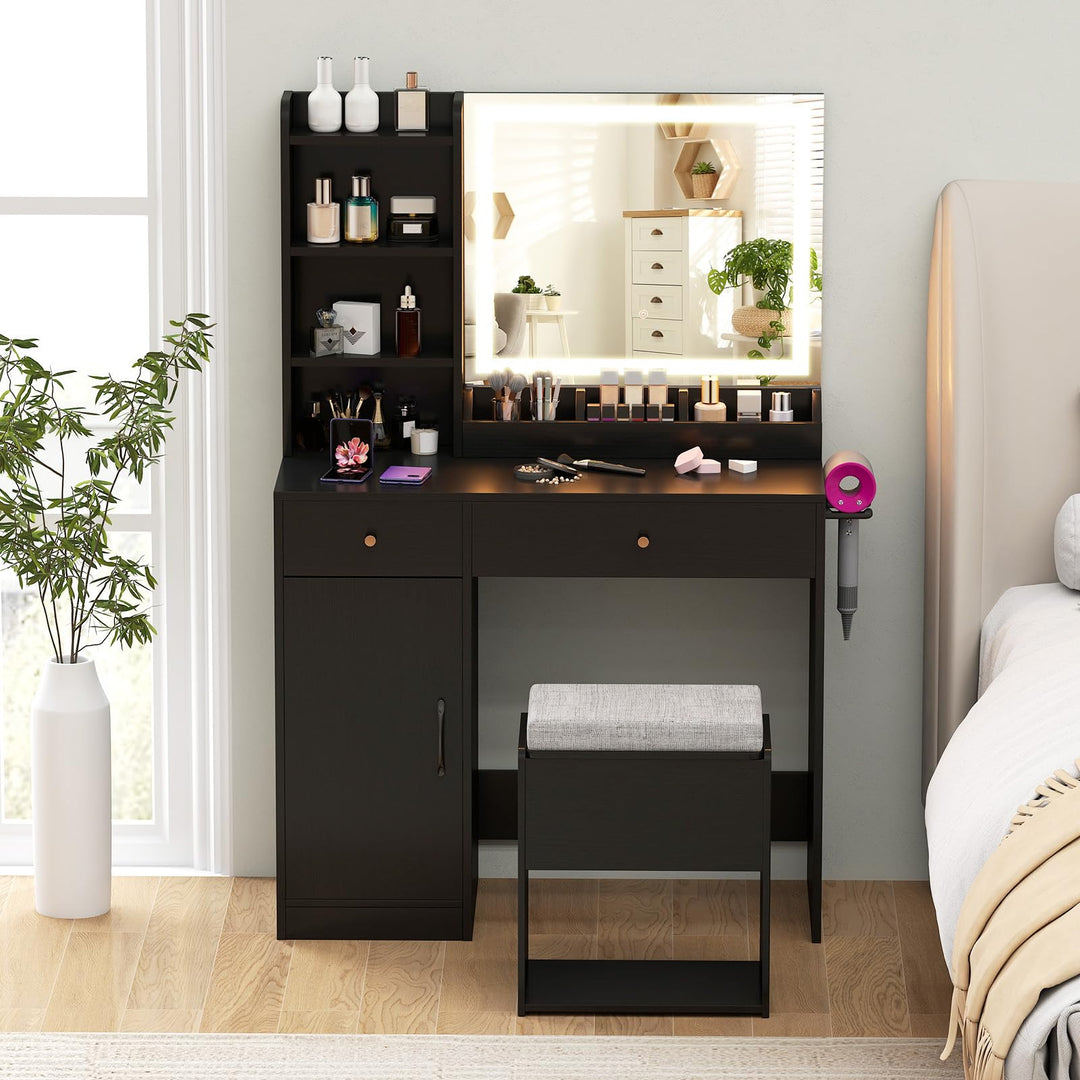 CHARMAID Vanity Desk with Mirror and Lights, Makeup Vanity Desk with Drawers, Shelves, Side Cabinet