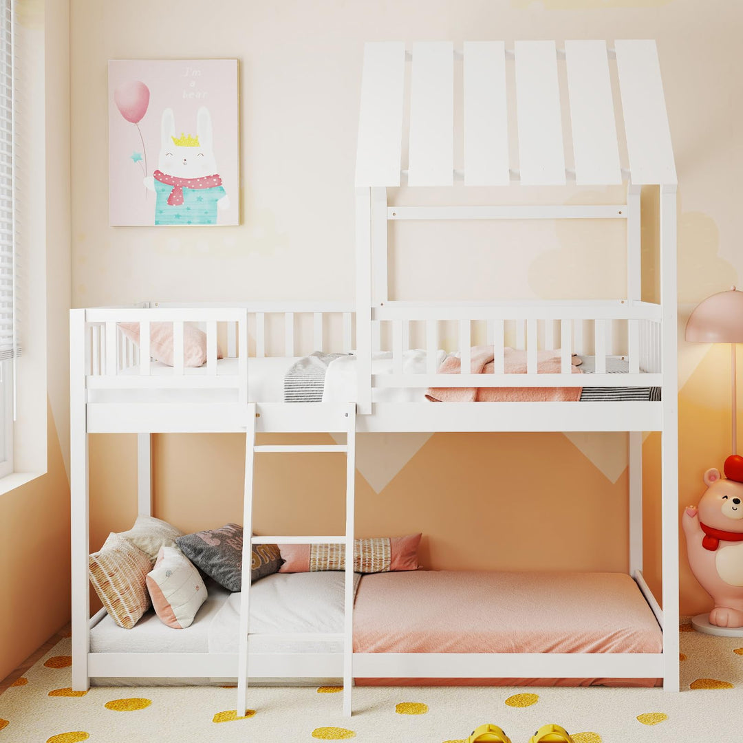 Twin Over Twin House Bunk Bed, Low Loft Bed Frame with Roof