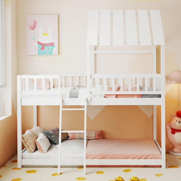 Twin Over Twin House Bunk Bed, Low Loft Bed Frame with Roof