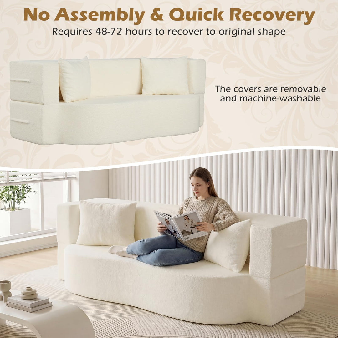 Giantex 75.5" Folding Sofa Bed | 2-in-1 Convertible Teddy Fleece Floor Loveseat with 2 Comfortable Pillows