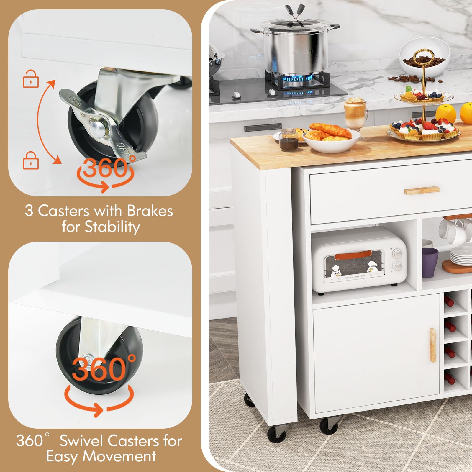 Giantex Mobile Kitchen Island Cart - 2-in-1 Reversible Serving Cart Bar Table Combo, White