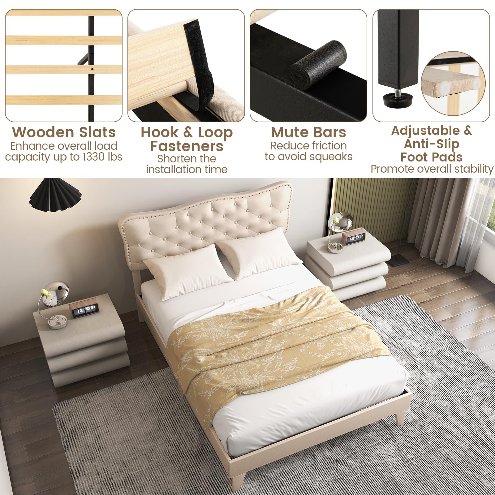 Giantex Full Size Bed Frame Beige, Linen Fabric Upholstered Platform Bed Frame with Nail Headboard