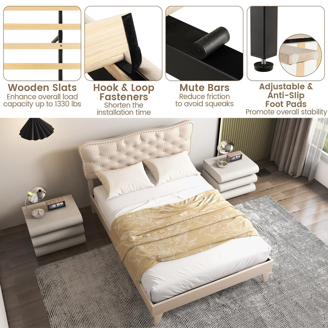 Giantex Full Size Bed Frame Beige, Linen Fabric Upholstered Platform Bed Frame with Nail Headboard