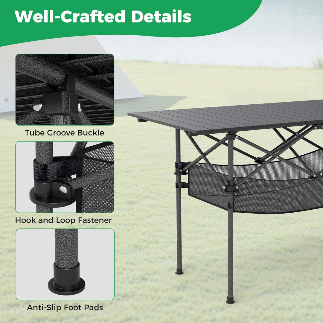 Giantex Folding Camping Table Portable Picnic Table w/Aluminum Roll-up Tabletop & Mesh Basket