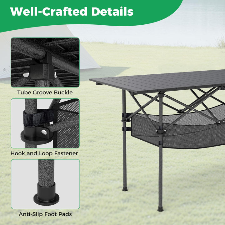 Giantex Folding Camping Table Portable Picnic Table w/Aluminum Roll-up Tabletop & Mesh Basket