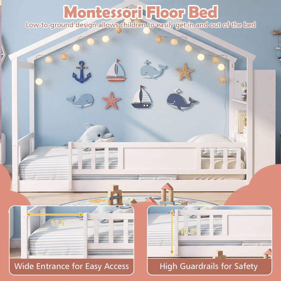 GIANTEX Twin Montessori Solid Wood Floor Bed with Storage Bookshelf