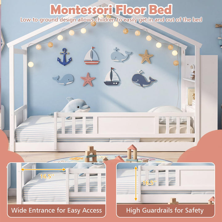 GIANTEX Twin Montessori Solid Wood Floor Bed with Storage Bookshelf