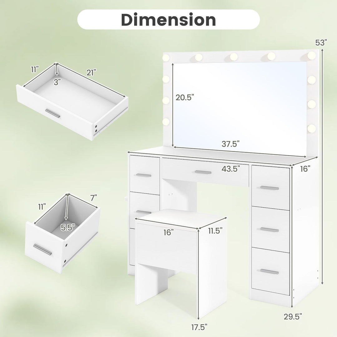 Vanity Desk with Large Mirror and Lights with Charging Station