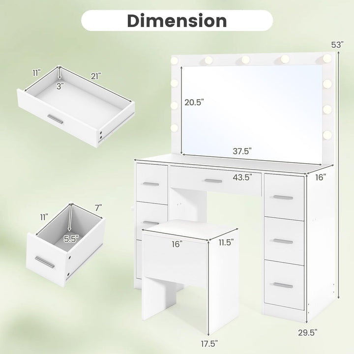 Vanity Desk with Large Mirror and Lights with Charging Station