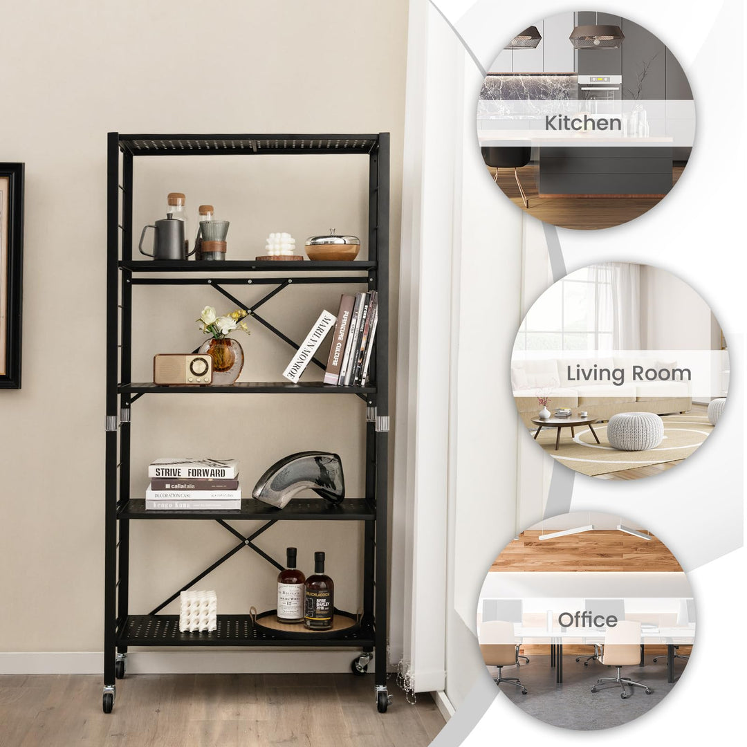 Giantex 5-Tier Folding Bookshelf with Wheels of 1/2, 60" Tall Foldable Metal Shelves for Storage