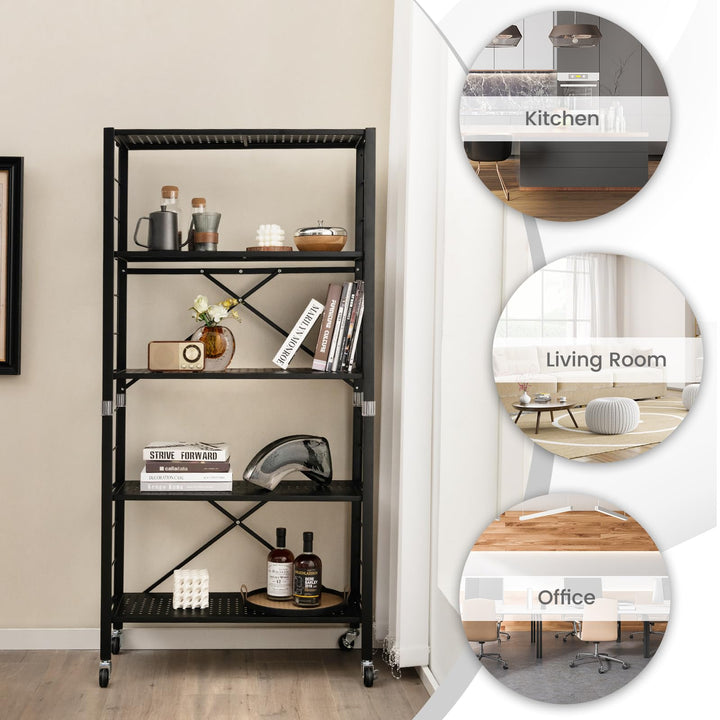 Giantex 5-Tier Folding Bookshelf with Wheels of 1/2, 60" Tall Foldable Metal Shelves for Storage