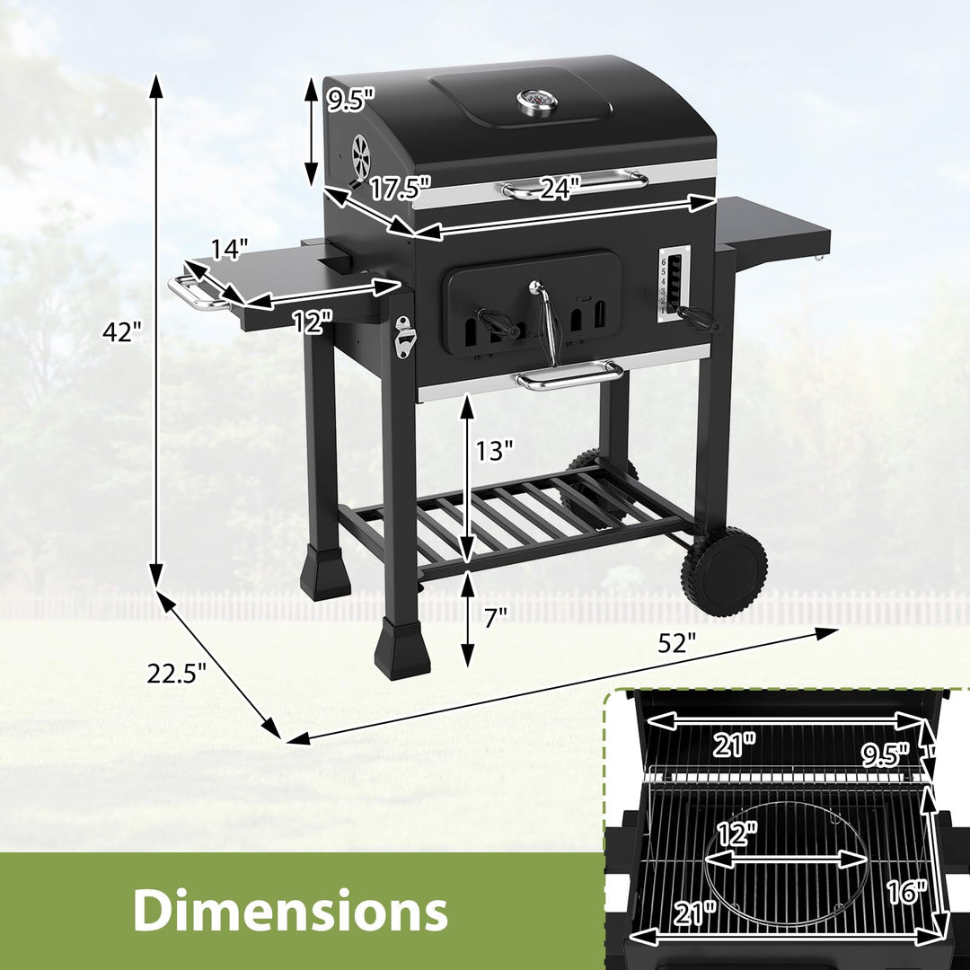 Giantex 24" Charcoal BBQ Grill with Adjustable Charcoal Tray Thermometer Foldable Side Tables