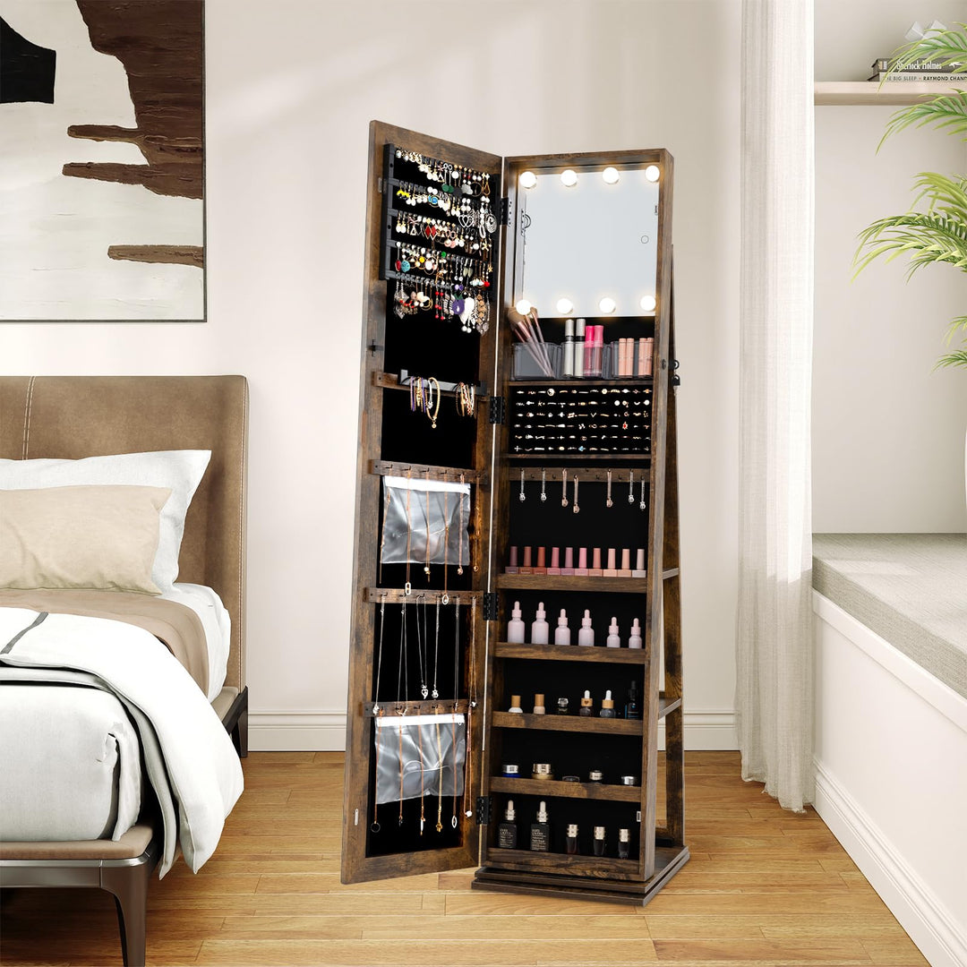 CHARMAID Swivel Jewelry Armoire with Full-Length Mirror & Lighted Makeup Mirror
