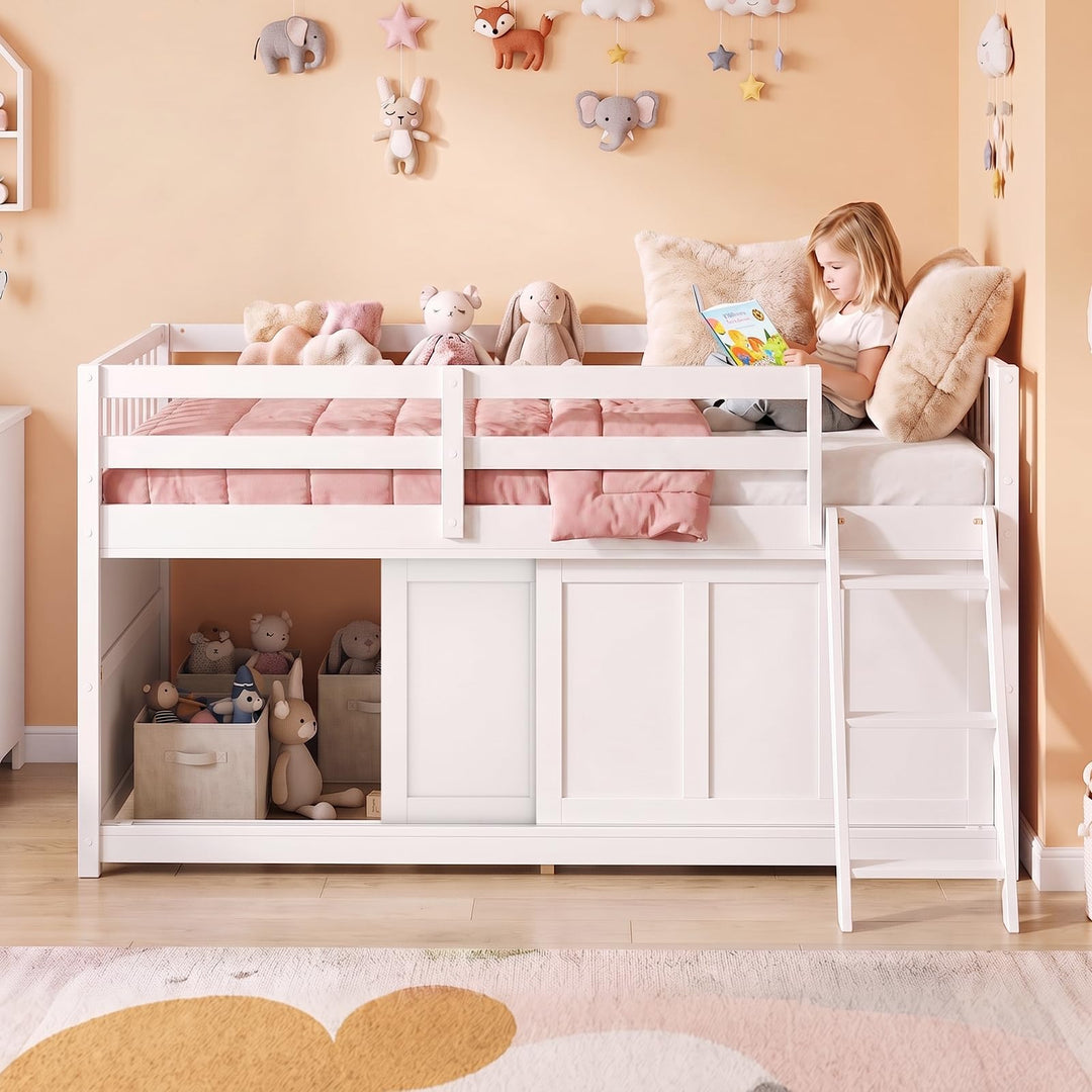 GIANTEX Wooden Low Loft Bed Twin Size with Sliding Door