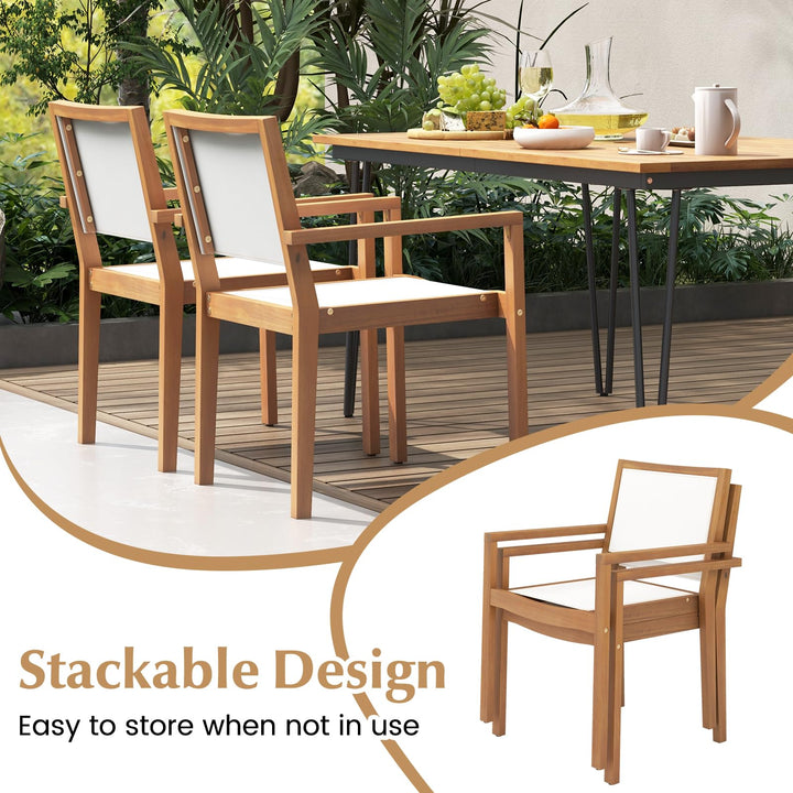 Giantex Stackable Outdoor Dining Chair Set, Patio Armchairs w/Acacia Wood Frame, All Weather Fabric, Armrests