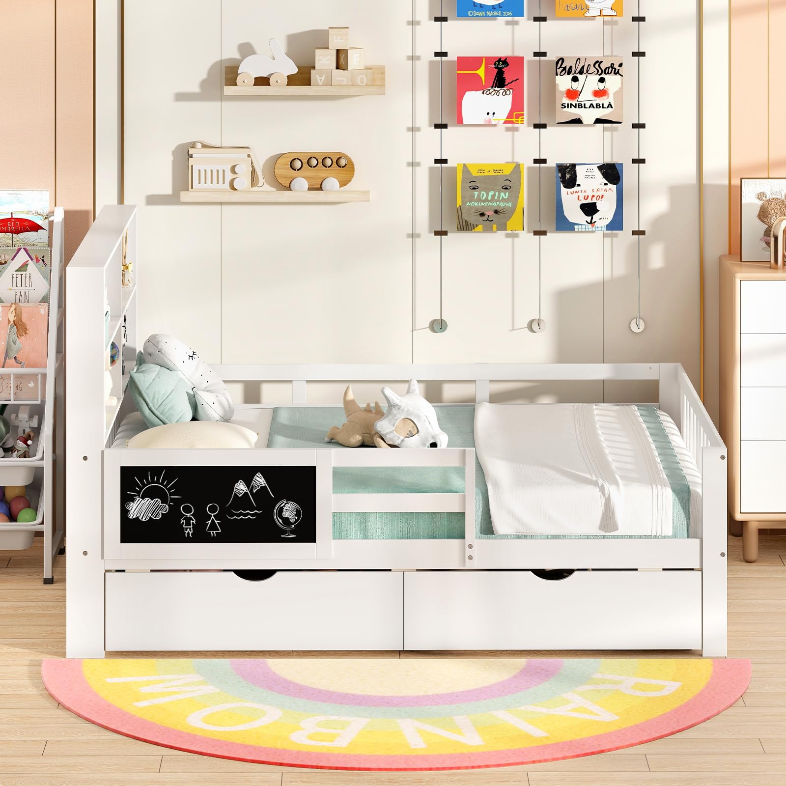 Giantex 2 Storage Drawers, Solid Wood Kids Bed Frame w/Bookcase Headboard & Blackboard