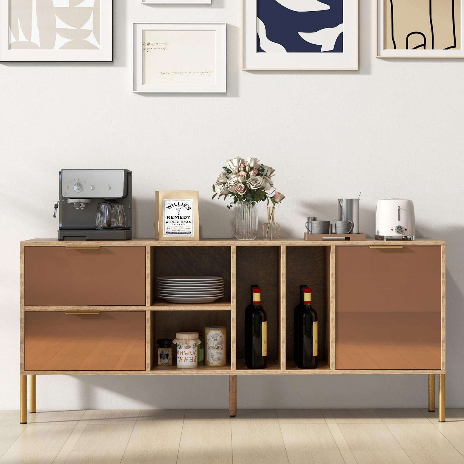 Giantex Mirrored Buffet Cabinet, Wooden Kitchen Sideboard Storage Cabinet w/2 Drawers & 1 Door Accent Cabinet