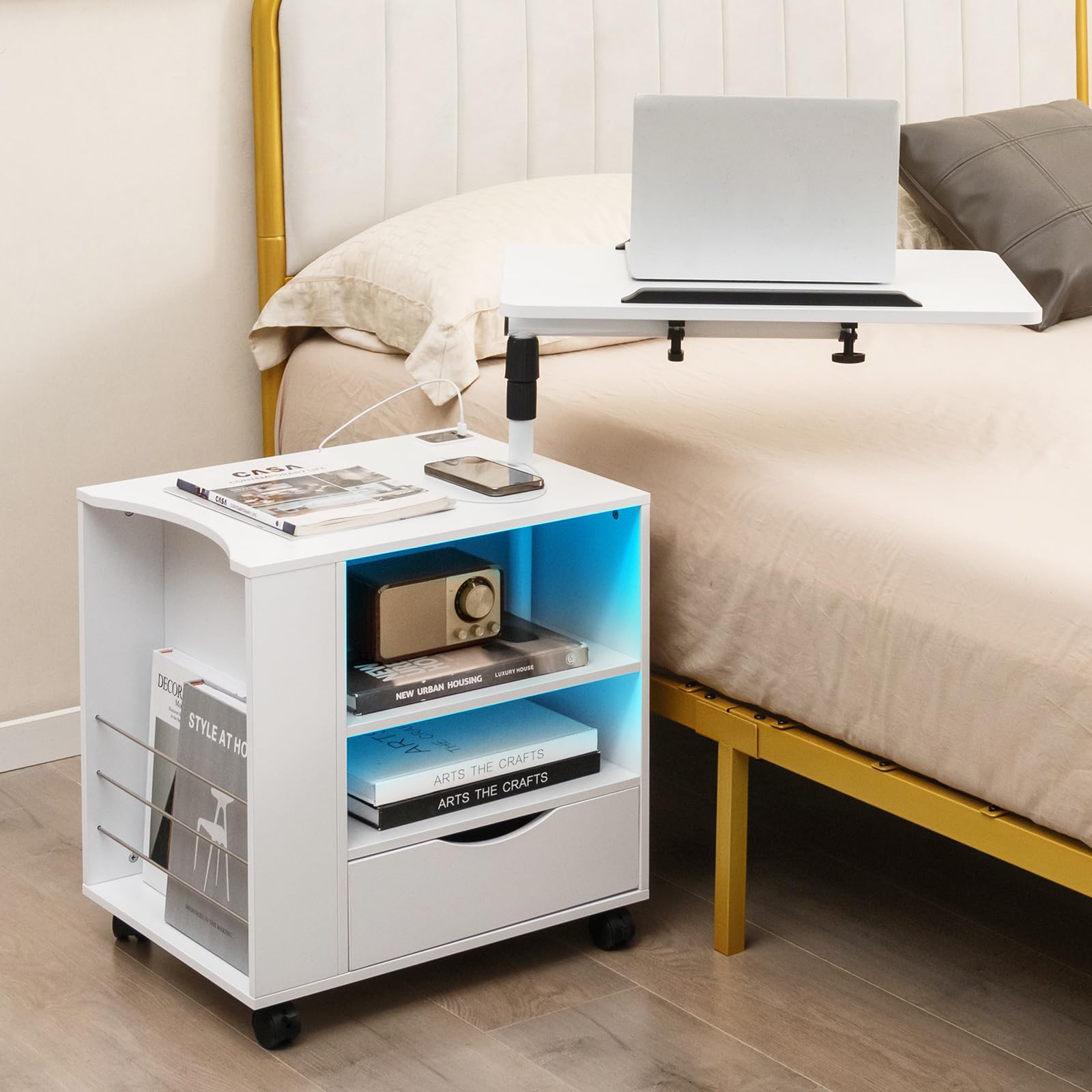 Giantex Nightstand with Charging Station and LED Lights, Modern Bedside Table Workstation