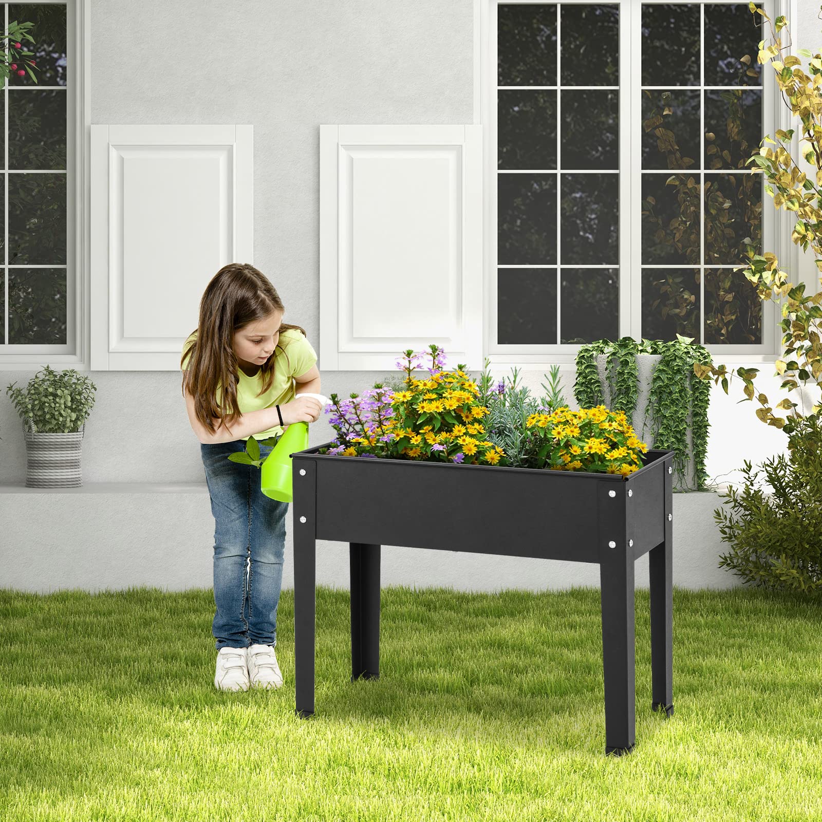 Giantex Raised Garden Bed, Metal Planter Box with Legs, Drain Hole, Outdoor Indoor Elevated Garden Box