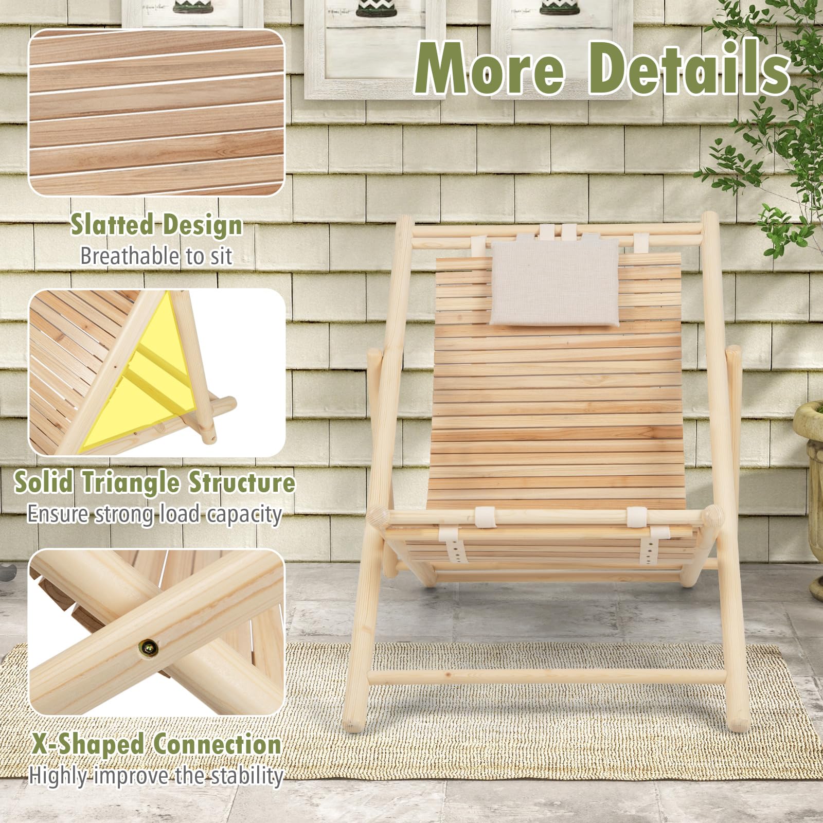 Giantex Wood Lounge Chair Outdoor - Folding Beach Chair with Detachable Headrest