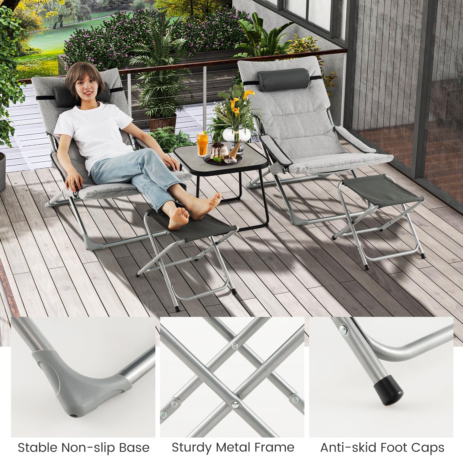 Giantex 5-Piece Patio Bistro Set, Folding Lounge Chairs with Footrest Stool & Side Table, Removable Cushion