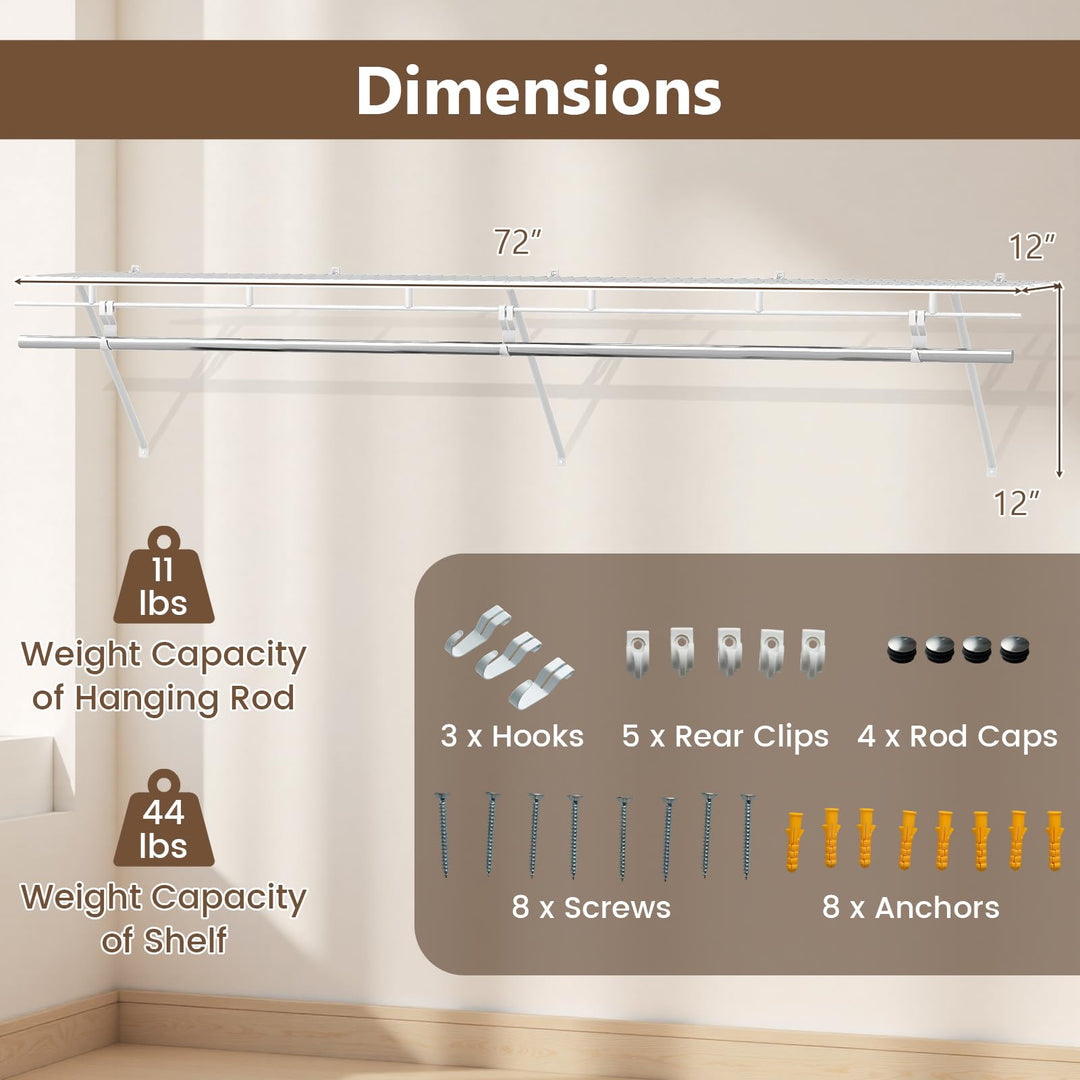 Giantex 6 ft Wall Mounted Closet Shelf with Hanging Rod