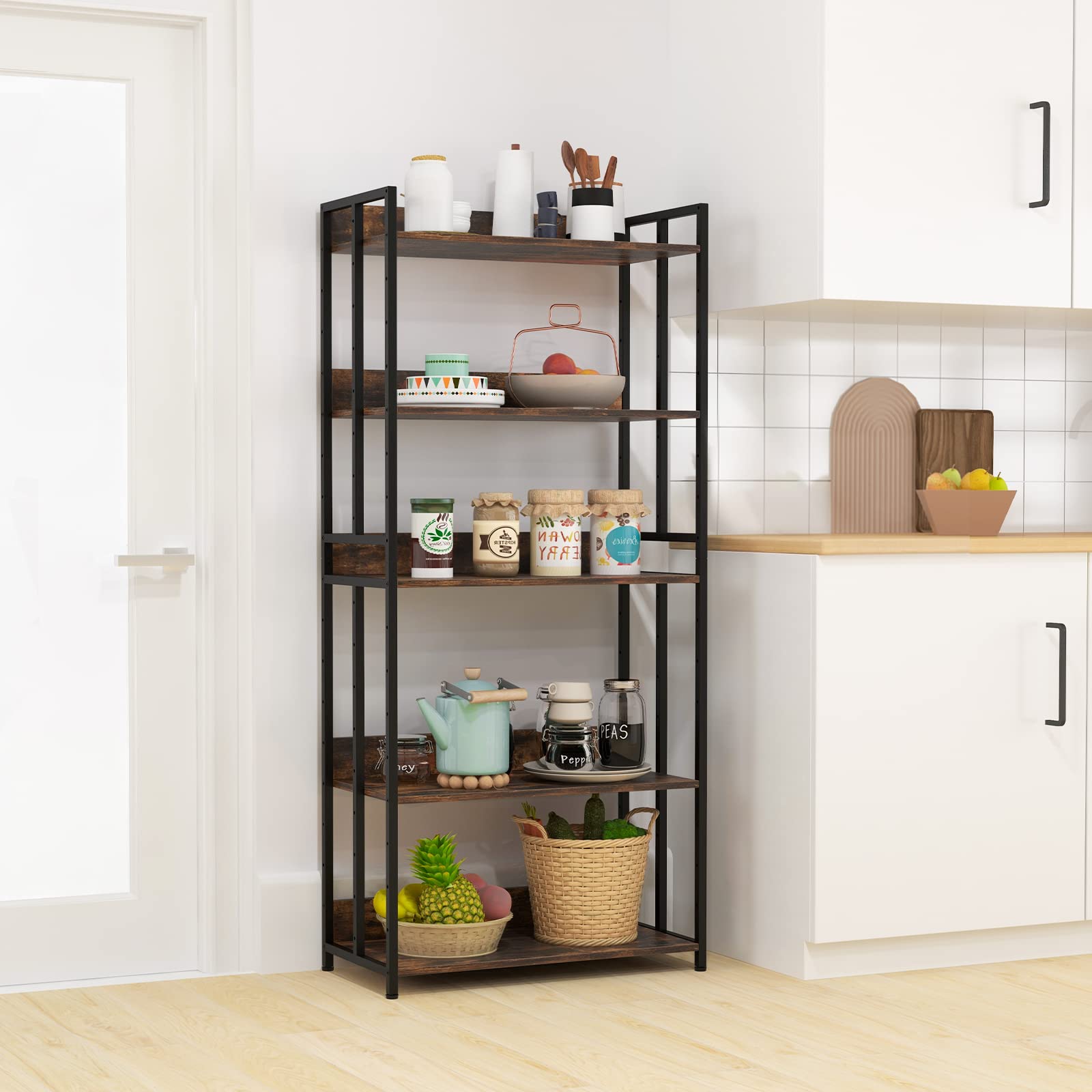 Giantex 5-Tier Industrial Bookshelf Rustic Brown - Metal Frame 61" Tall