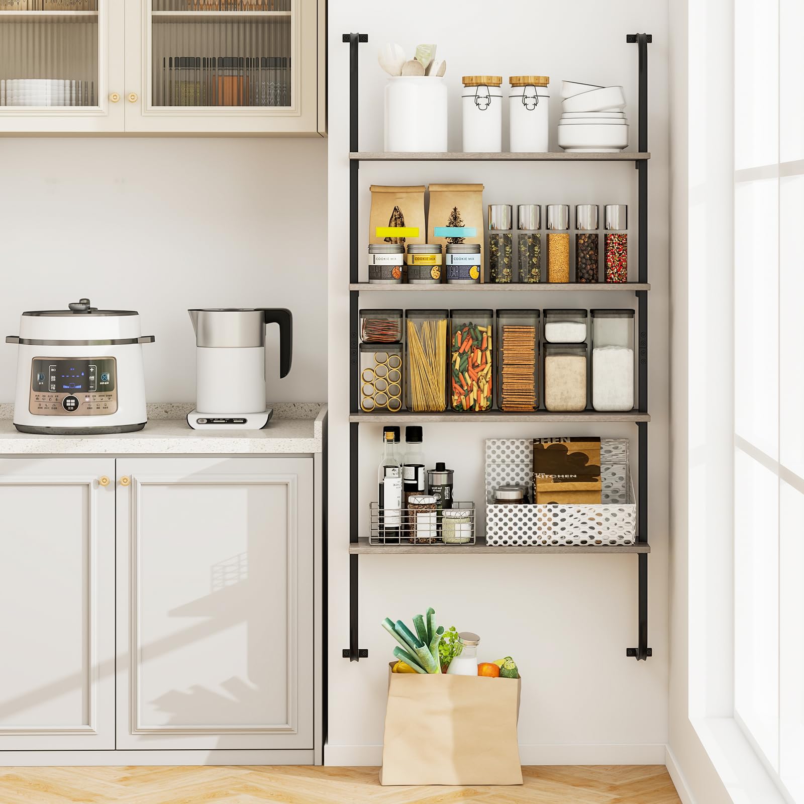 Giantex 4-Tier Industrial Bookshelf, Wall Mounted Pipe Shelving Unit, Floating Shelves with Metal Frame