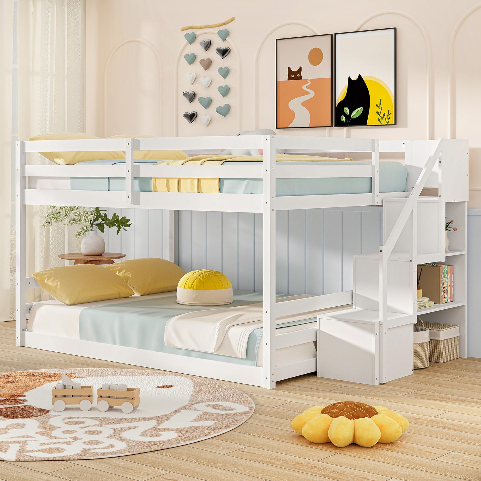 Giantex Bunk Bed with Stairs, Solid Wood Floor Bunk Bed with Storage Staircase & Full-Length Guardrails