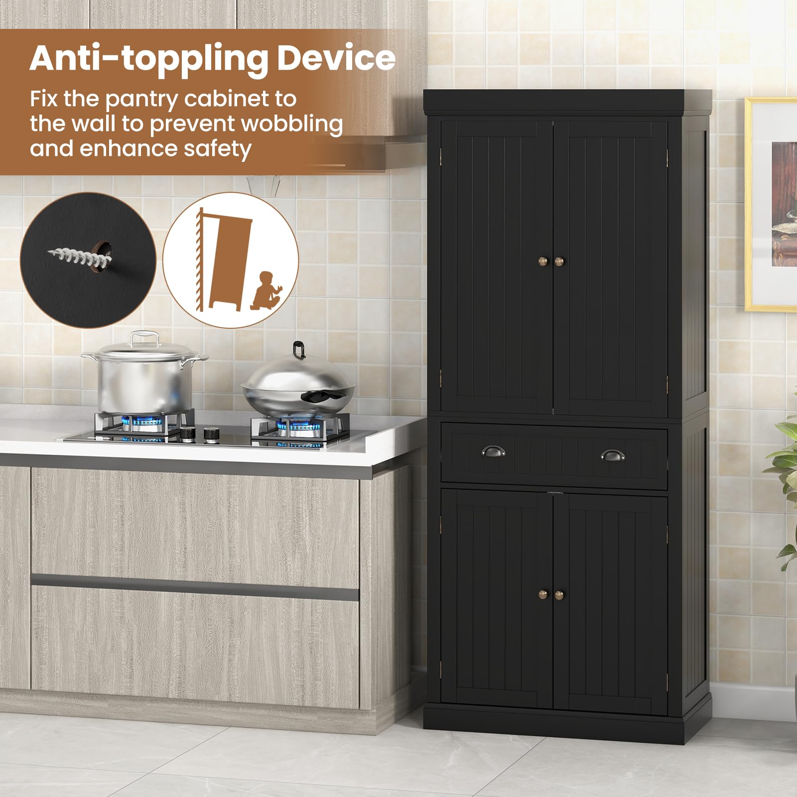 Giantex Pantry Organizers and Storage, 72" Tall Kitchen Cabinet with 2-Door Cabinets & Drawer, Buffet Sideboard