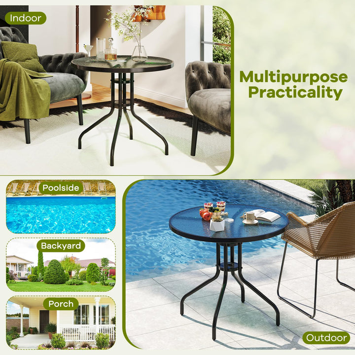Giantex Patio Round Dining Table with Tempered Glass Tabletop and 2" Umbrella Hole
