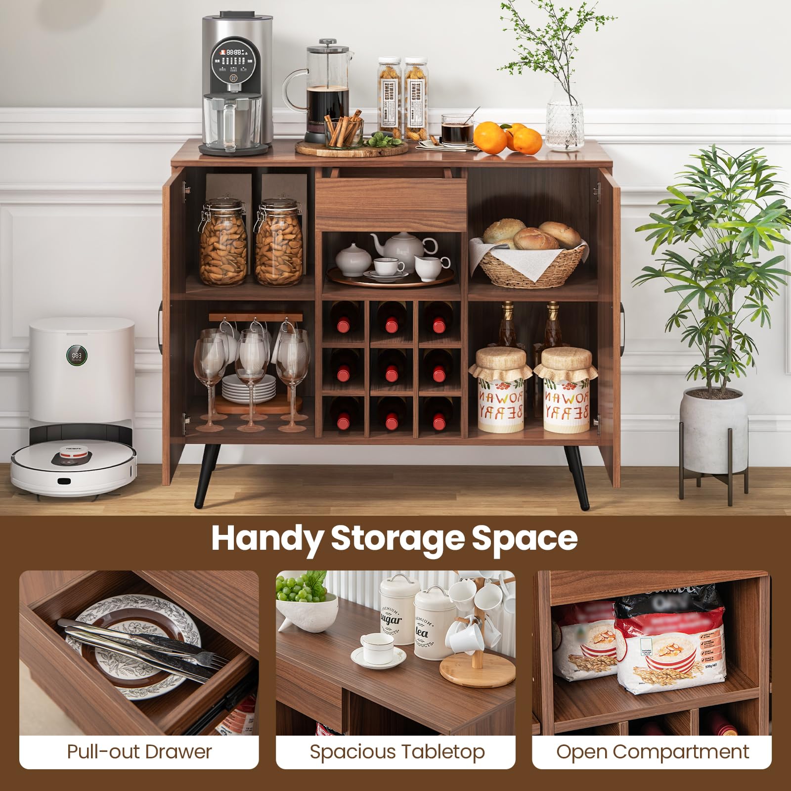 Giantex Bar Cabinet with Storage, Farmhouse Wood Buffet Sideboard, 9-Bottle Wine Rack, Drawer