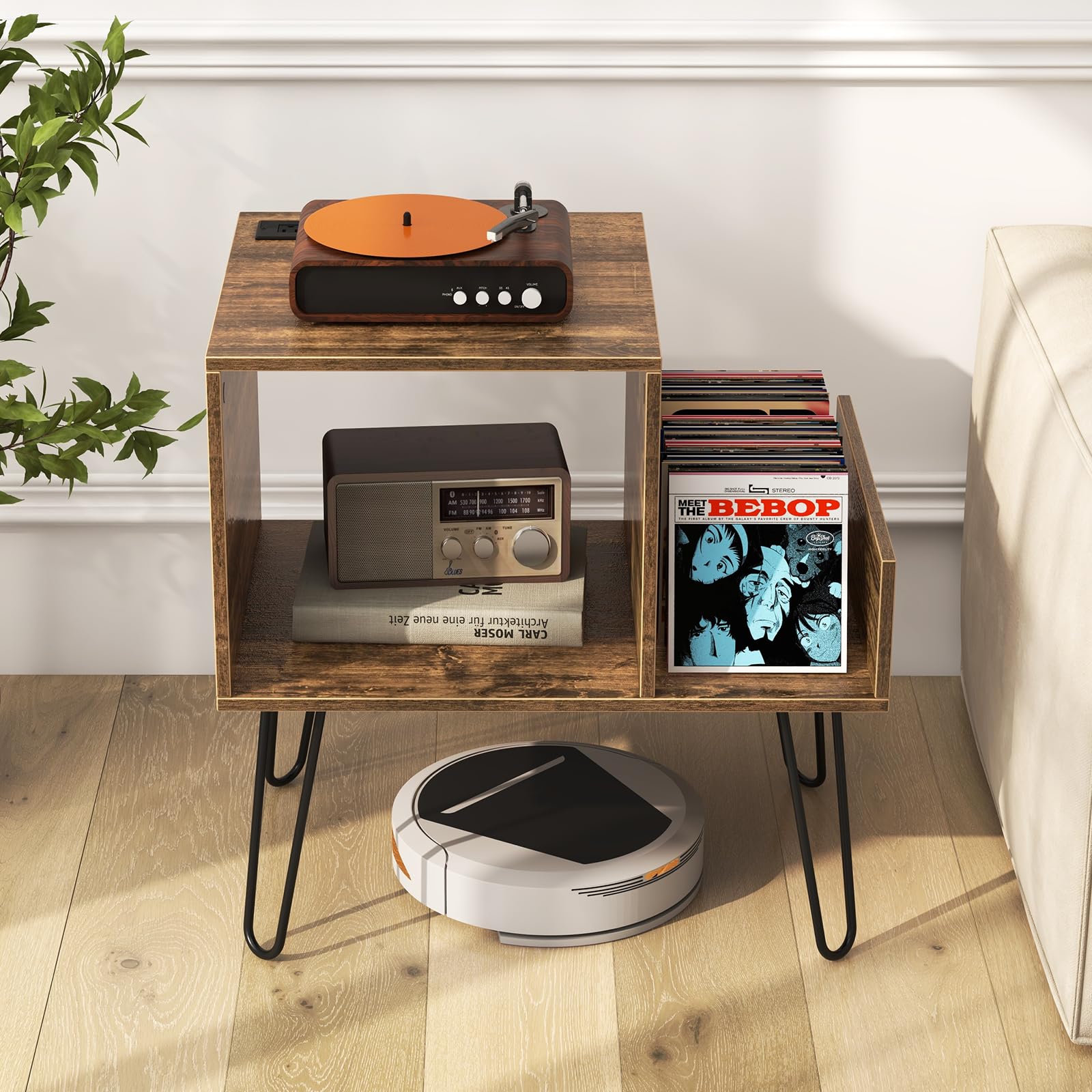 Giantex Record Player Stand with Charging Station, Turntable Stand with Vinyl Divider & Display Shelf