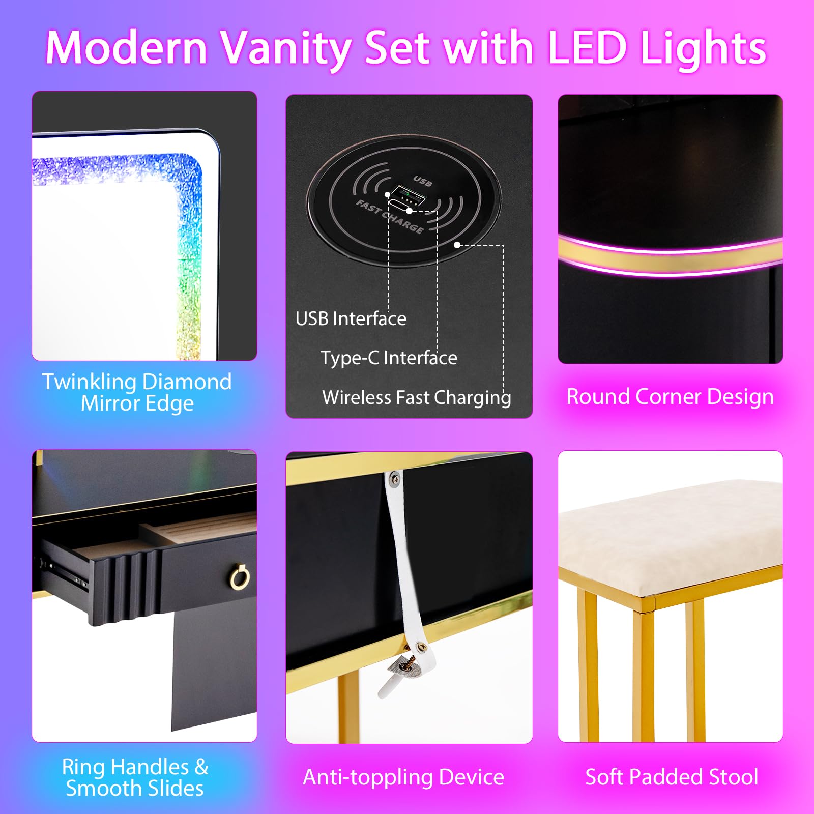 CHARMAID RBG LED Makeup Vanity Table, Colorful Lighted Mirror, 7 Dynamic & 7 Static Modes, 3-Drawer Chest