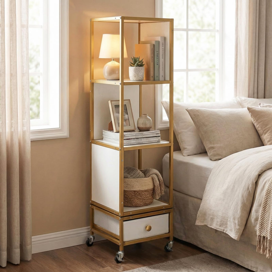 Giantex 4-Tier Rotating Bookshelf | 360° Spinning Corner Book Shelf Tower W/Removable Fabric Storage Drawer
