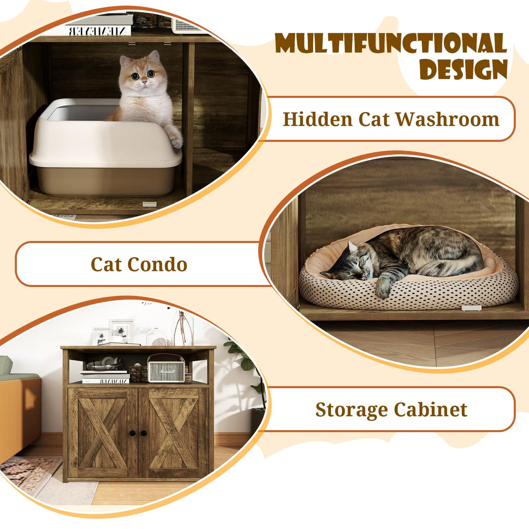 Giantex Cat Litter Box Enclosure - Litter Box Hidden Furniture with Barn Door, Inner Divider, Side Entry, Storage Shelf