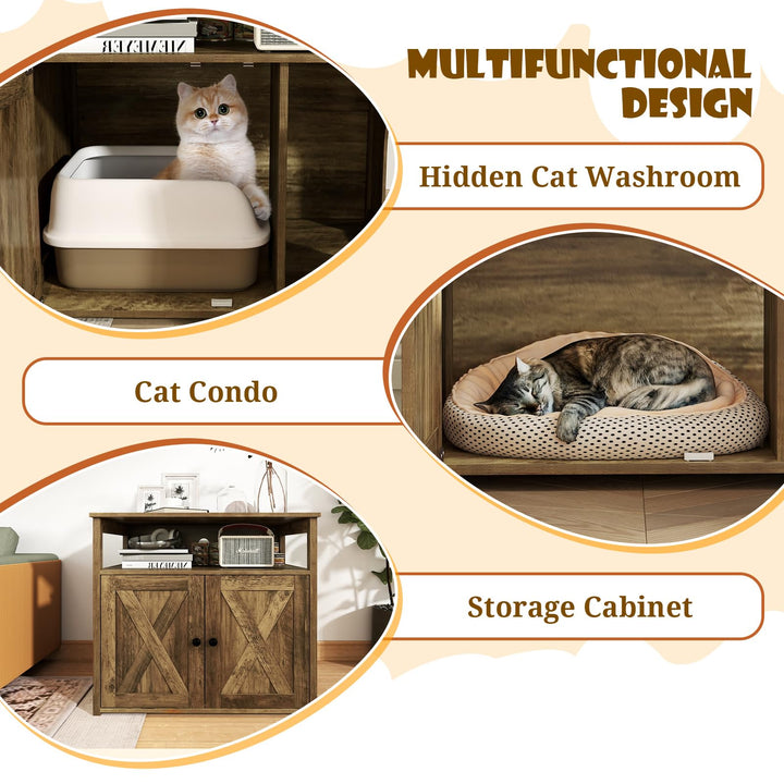 Giantex Cat Litter Box Enclosure - Litter Box Hidden Furniture with Barn Door, Inner Divider, Side Entry, Storage Shelf