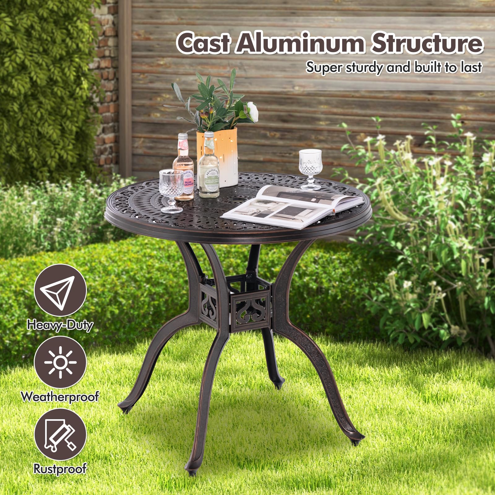Giantex 31.5" Patio Bistro Table, Cast Aluminum Table Side Table with 2" Umbrella Hole & Adjustable Footpads