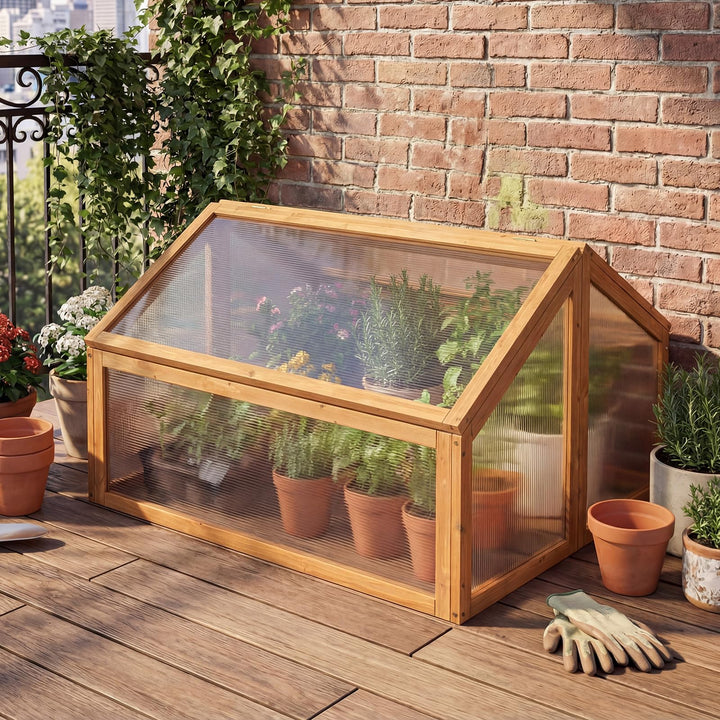 Ginatex Wood Cold Frame Greenhouse Portable Raised Flower Planter Protection with Transparent Openable Roof