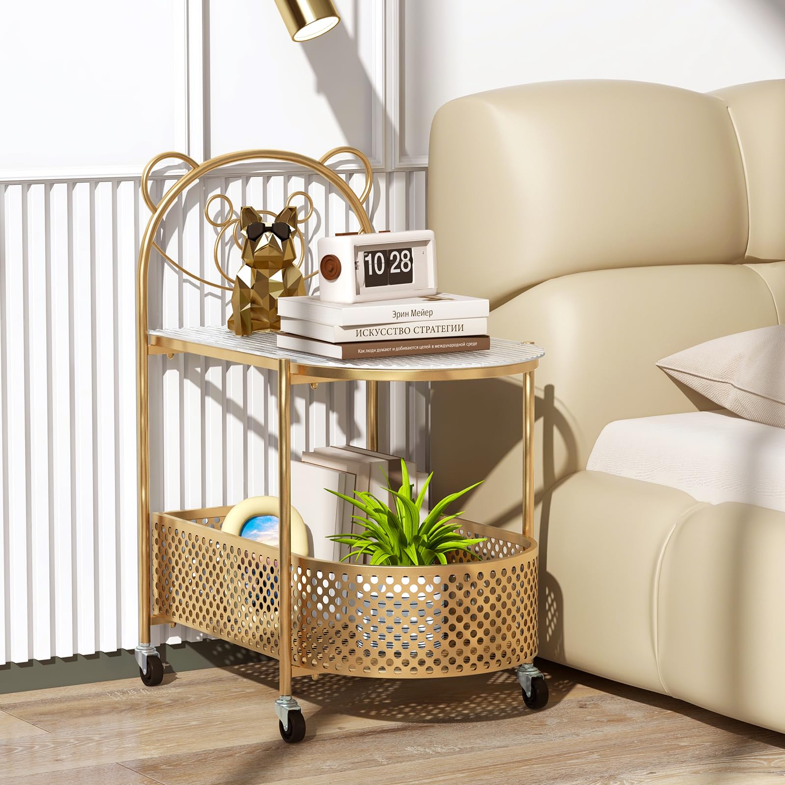 Giantex Mobile Glass Coffee Table, 2-Tier Modern Cocktail Table with Bear Pattern, Storage Basket & Metal Frame
