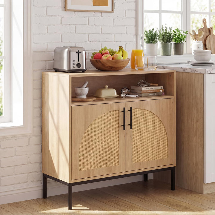 Giantex 32" Sideboard Buffet Cabinet with 2 Natural Rattan Decorated Doors (1/2)