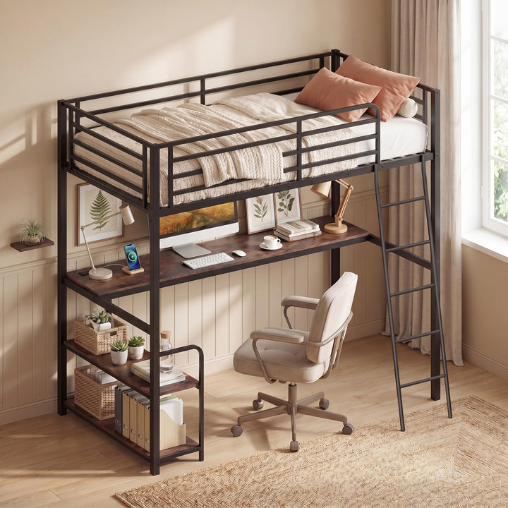 Giantex Twin Loft Bed with Desk &amp; Charging Station
