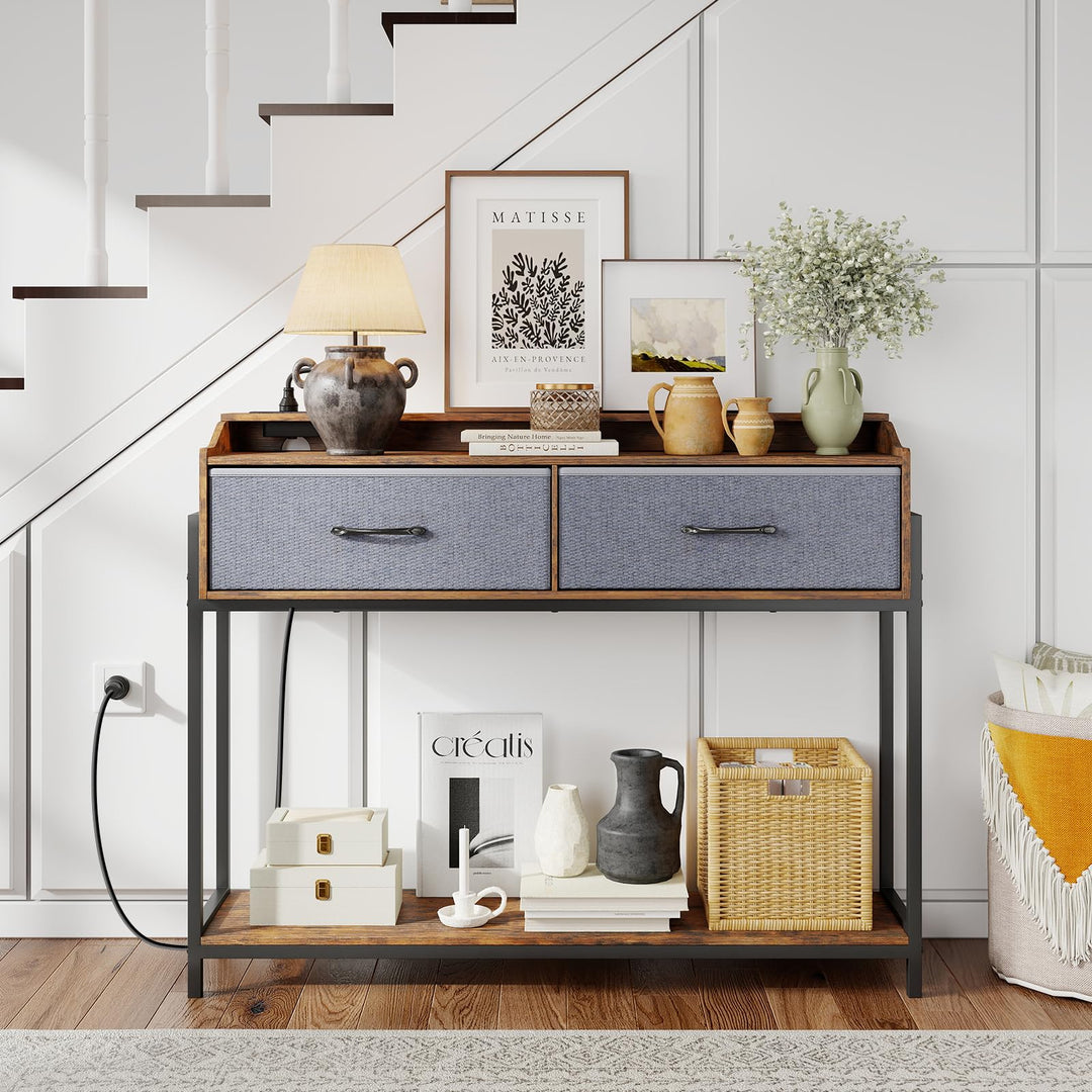 GIANTEX 43" Narrow Console Table with Charging Station &amp; 2 Drawers