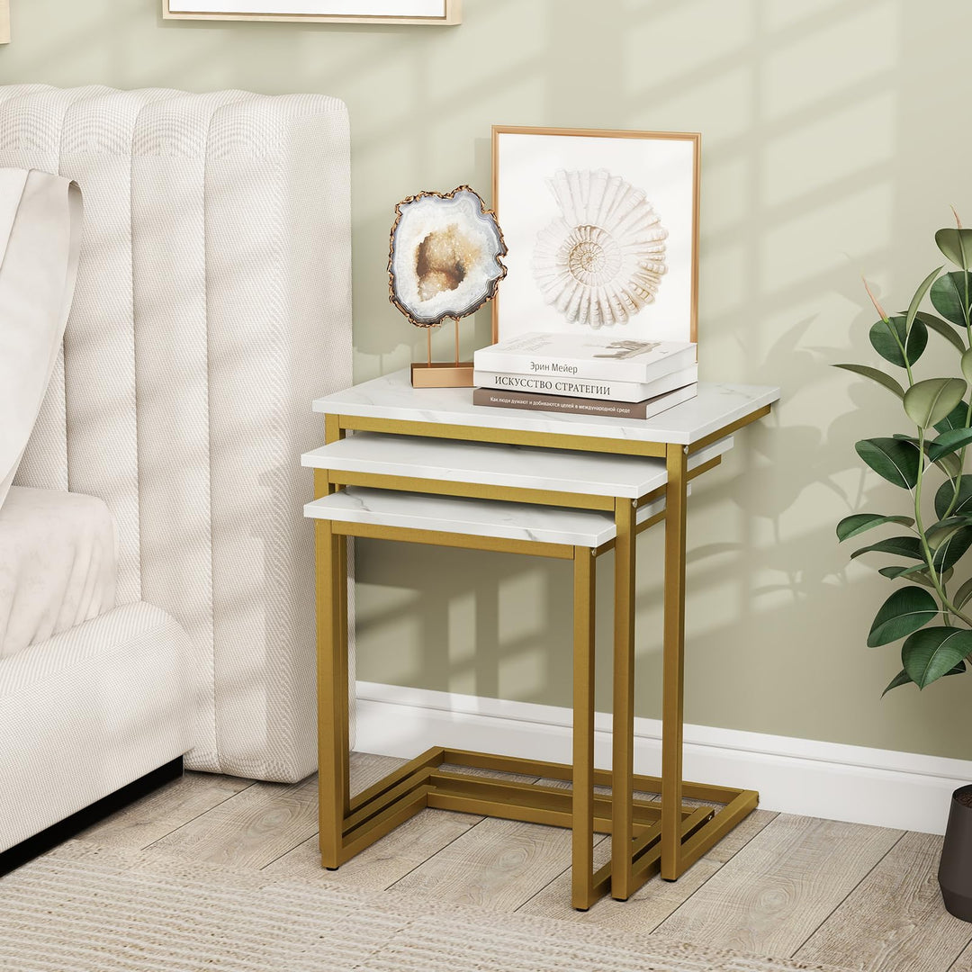 Giantex Nesting Coffee Table Set of 3 Stackable Square End Table w/Faux Marble Tabletop & Heavy-Duty Metal Frame