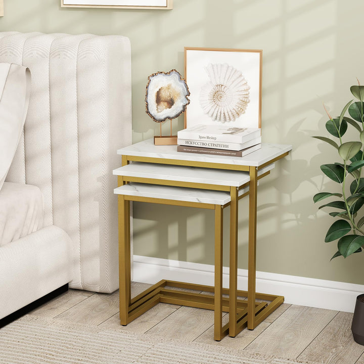 Giantex Nesting Coffee Table Set of 3 Stackable Square End Table w/Faux Marble Tabletop & Heavy-Duty Metal Frame