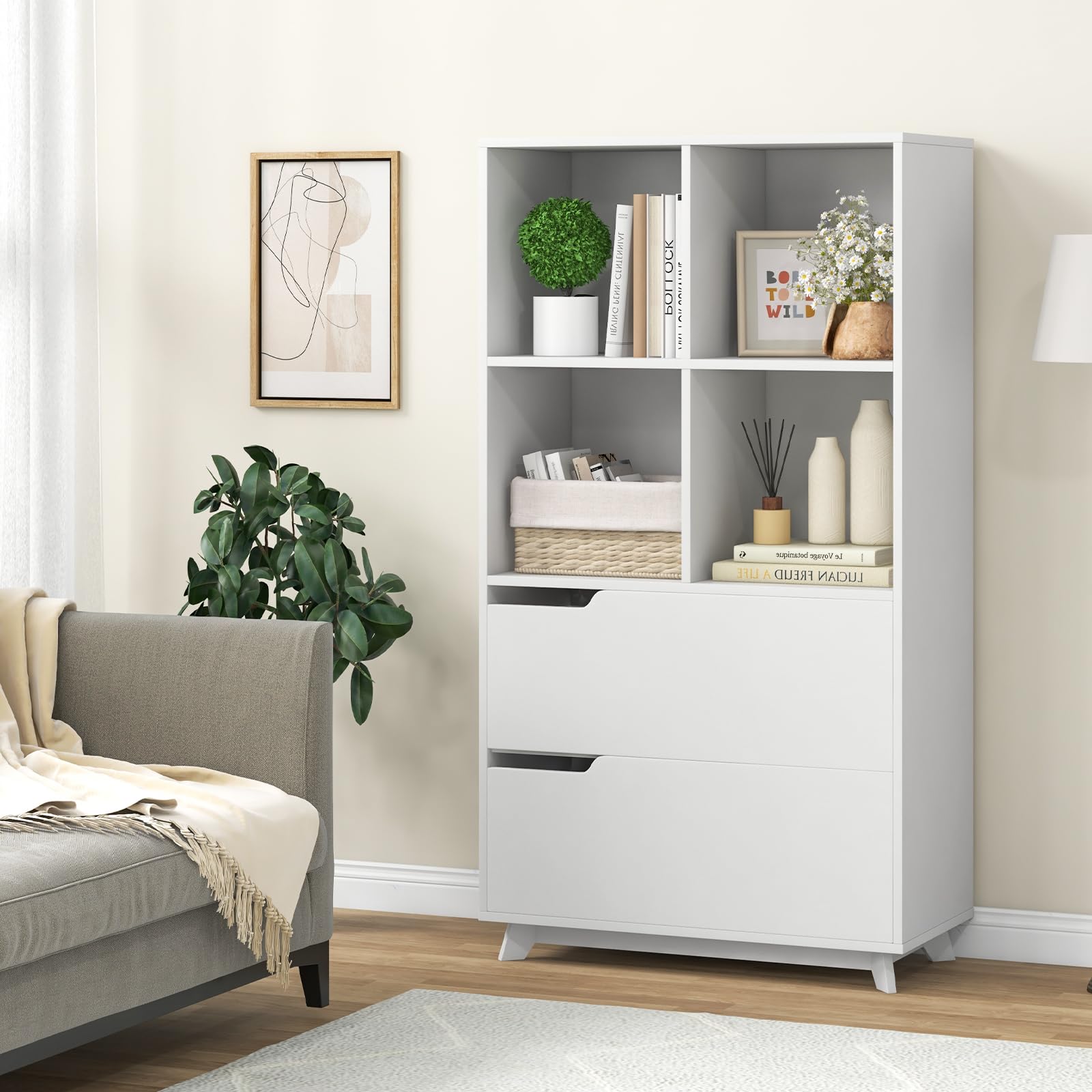 Giantex 51" Tall Bookcase with 2 Drawers, 4-Tier Open Bookshelf with 4 Storage Cubes, White